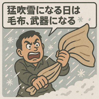 猛吹雪になる日は毛布、武器になる