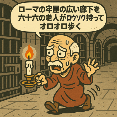 ローマの牢屋の広い廊下を　六十六の老人が　ロウソク持って　オロオロ歩く38